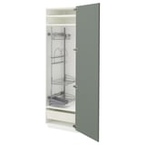 Modern kitchen cabinet in grey-green with adjustable metal shelves and smooth-closing drawers.