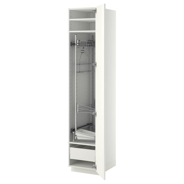 A white METOD kitchen cabinet with a smooth high-gloss finish, featuring an open door revealing adjustable shelves and a pull-out drawer.