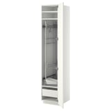 A white METOD kitchen cabinet with a smooth high-gloss finish, featuring an open door revealing adjustable shelves and a pull-out drawer.