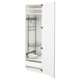 Open white kitchen cabinet with internal shelves, hooks, and wire baskets. Modern design with snap-on hinges and adjustable shelves.