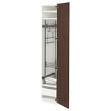 METOD kitchen cabinet with dark brown wooden door, open showing shelves and storage compartments.