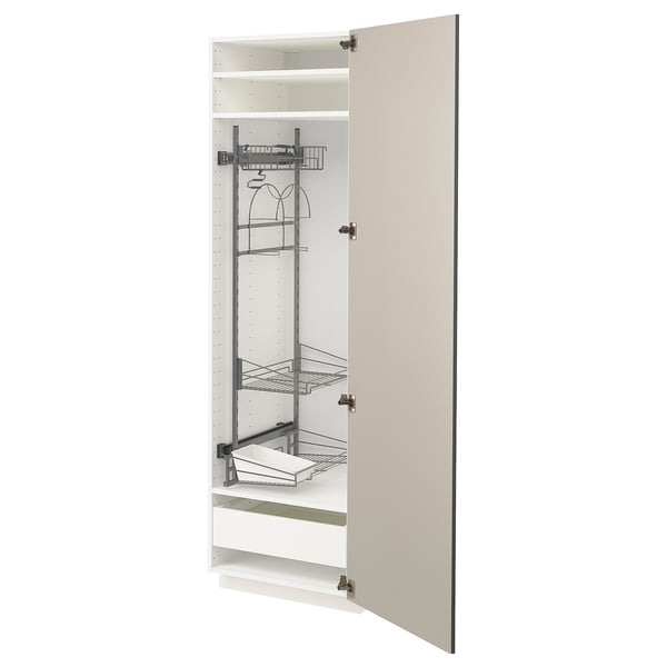 Its an open beige METOD kitchen cabinet with wire racks and shelves, and a modern design.