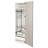 Its an open beige METOD kitchen cabinet with wire racks and shelves, and a modern design.