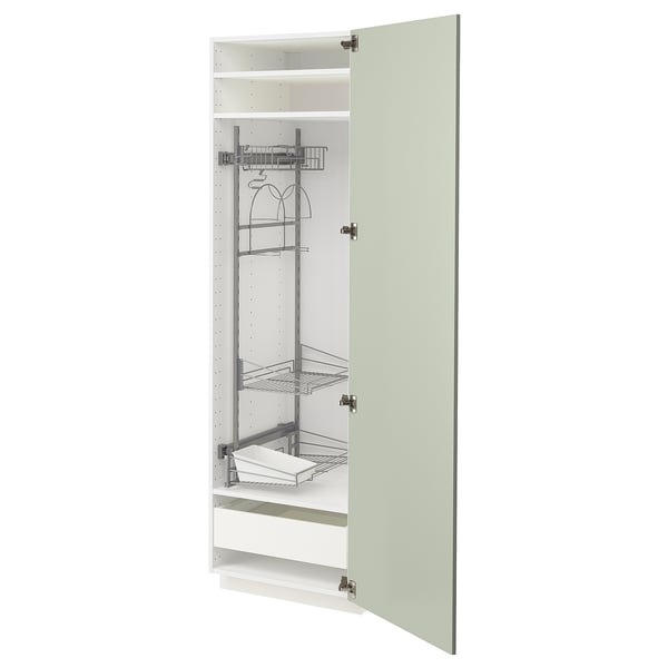 Modern, tall, green METOD cabinet with metal shelves, drawers & soft-closing doors.