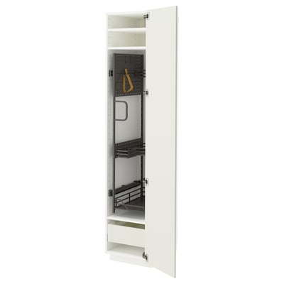 METOD kitchen cabinet in white. Tall, rectangular, and fully open. Shelves, drawers, and tools. Modern, clean design.