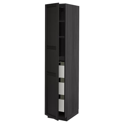 Tall dark grey wooden cabinet with two doors slightly open, revealing white shelves inside. Modern kitchen design.