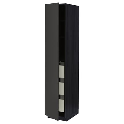 METOD tall kitchen cabinet, black, modern, wood & steel, adjustable shelves, soft-close drawer.