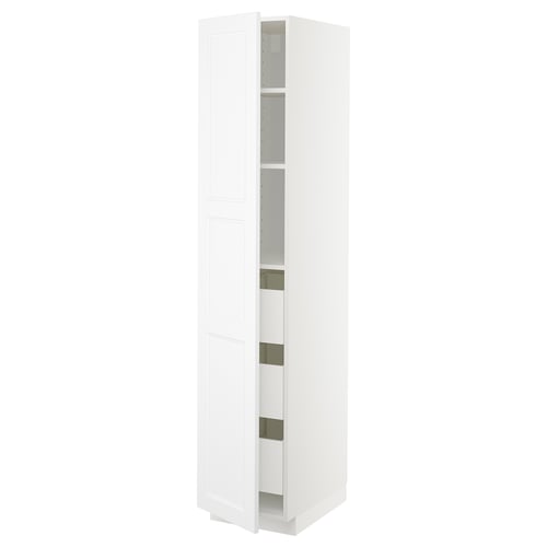 White METOD cabinet with adjustable shelves and drawers, sleek modern design, featuring a sturdy frame and eco-friendly materials.