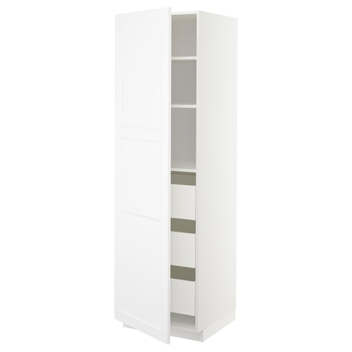 Alt: ikea METOD white cabinet with shelves and door.