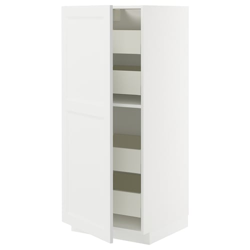 METOD kitchen cabinet with white axstad doors, featuring adjustable shelves and a medium-sized drawer.