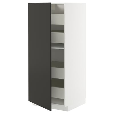 A modern white ikea METOD kitchen cabinet with a black door and multiple shelves.