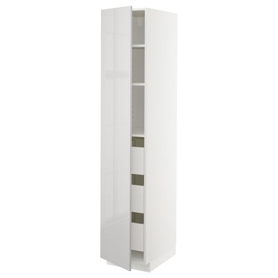 White high gloss tall cabinet with 3 shelves and drawers. Modern, sleek design for kitchen storage.