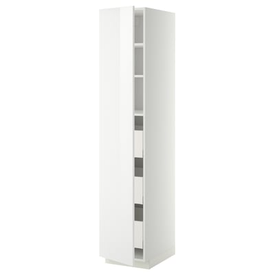 White METOD kitchen cabinet; slim, tall, modern storage with adjustable shelves.