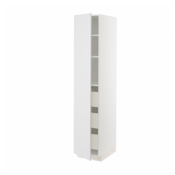 METOD white kitchen cabinet with adjustable shelves and soft-closing drawer.