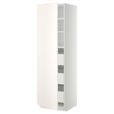 A white METOD cabinet from ikea, a tall unit with shelves, and a single door on the right. Its sleek and modern, ideal for kitchens.