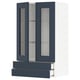 A dark blue ikea METOD kitchen cabinet with glass doors, a drawer, and a shelf. The cabinet has a modern design with a sturdy construction.