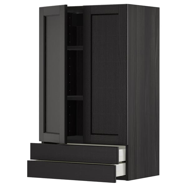 Black METOD kitchen unit, wooden finish, drawers & shelves, tall, modern.