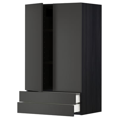 Modern black kitchen cabinet with two drawers and adjustable shelf, sleek matte finish.