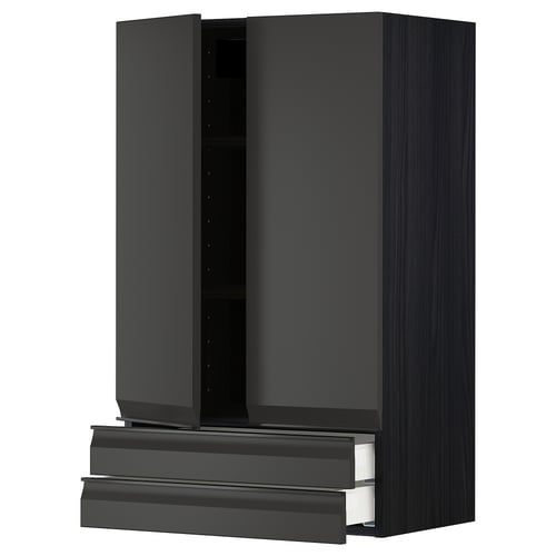 Modern black kitchen cabinet with drawer and adjustable shelf, sleek design, sturdy frame, stylish handle, anodized aluminium trim.