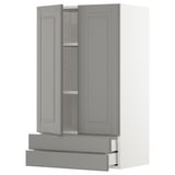 A grey METOD kitchen cabinet with two open doors, a drawer, and an adjustable shelf inside. The cabinet has bevelled edges and a traditional design.