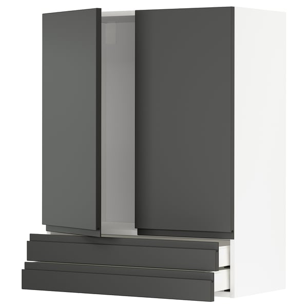 Modern grey kitchen cabinet set with integrated handles and wood texture, featuring both doors and drawers.