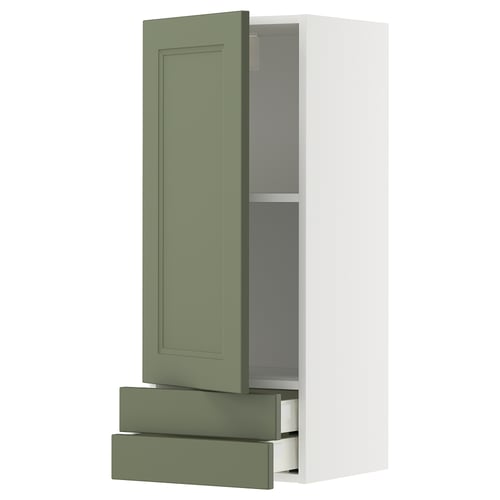 METOD kitchen unit with olive-green axstad doors, featuring two drawers, shelves, and a cabinet. Modern and functional design.