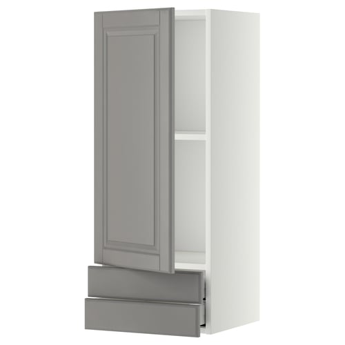 Modern kitchen cabinet in grey with beveled edges, featuring an open door, adjustable shelf, and pull-out drawer.