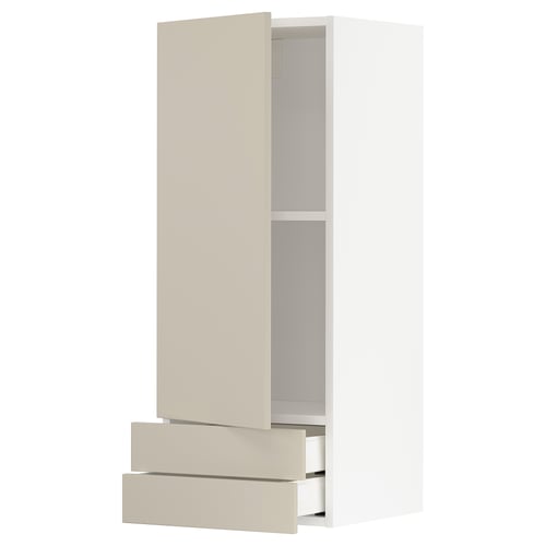 Modern kitchen unit in beige with two drawers and shelves. Sleek, clean design with smooth surfaces.