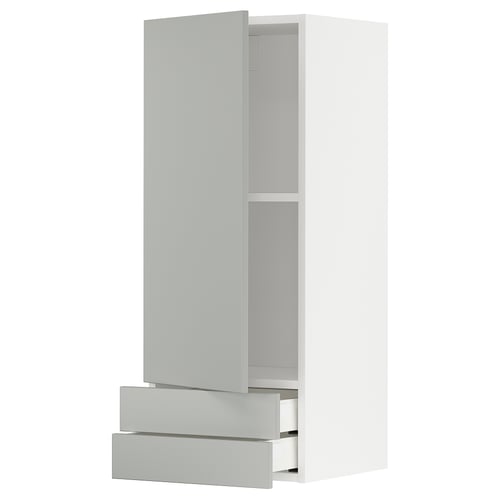 A white METOD kitchen cabinet with a sleek, minimalist design featuring a light grey havstorp front and two drawers. It is modern and functional.