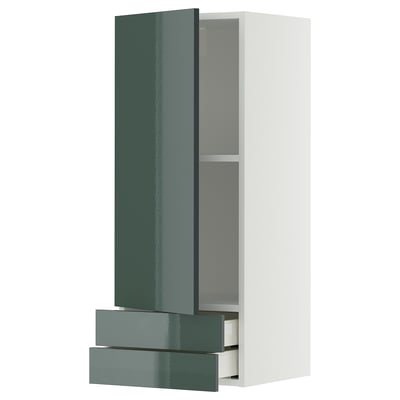 Modern cabinet, high-gloss grey-green, sleek design, open doors & drawers, 25-year warranty.