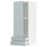 Modern grey-blue kitchen cabinet with drawers and shelves, seamless design.