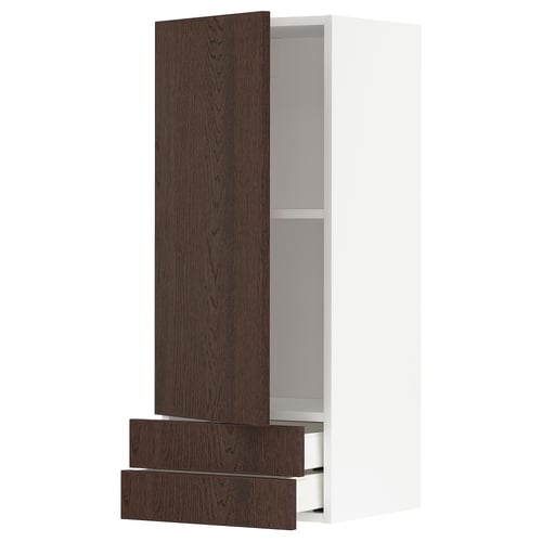 METOD kitchen cabinet, dark brown with oak veneer, pull-out drawer, adjustable shelf, sleek modern design.