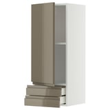 Modern high-gloss dark grey-brown kitchen cabinet with pull-out drawers.