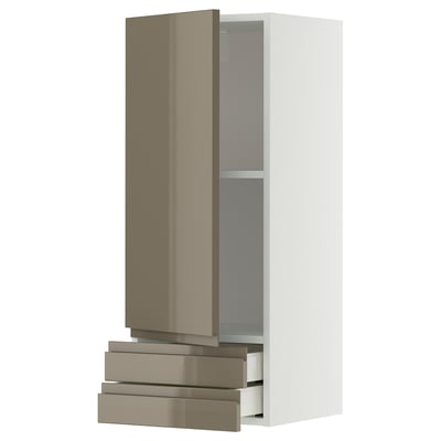 Modern high-gloss dark grey-brown kitchen cabinet with pull-out drawers.