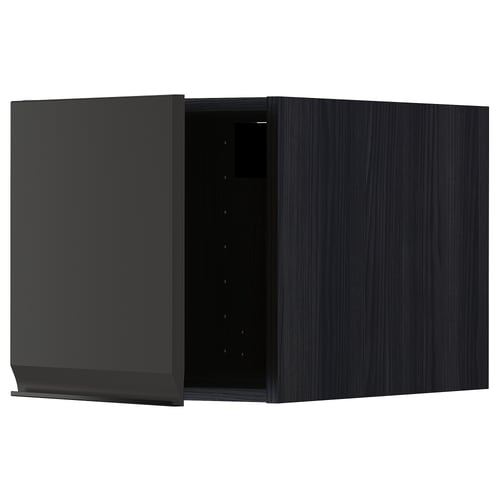 A modern black kitchen cabinet with a sleek, handle-less design.