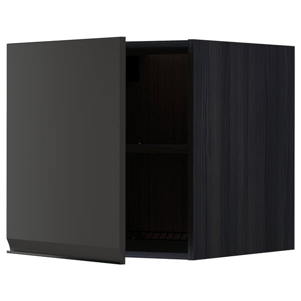 An open black METOD kitchen cabinet with a dark wooden finish, featuring a single adjustable shelf inside.