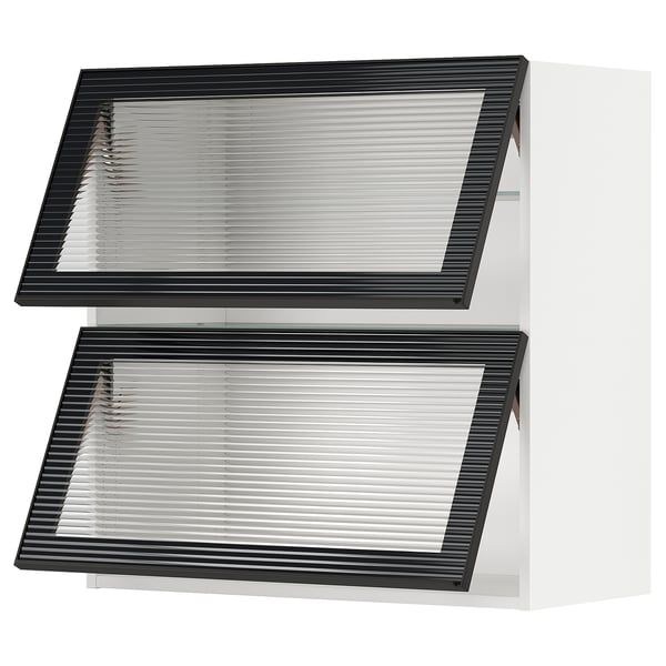 A METOD kitchen cabinet with hejsta glass doors in black, featuring reeded glass and a metal frame, designed for a modern look.