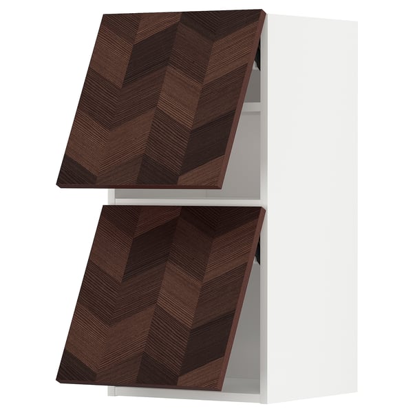 Modern white wall kitchen cabinet with dark brown herringbone-patterned wood veneer doors.