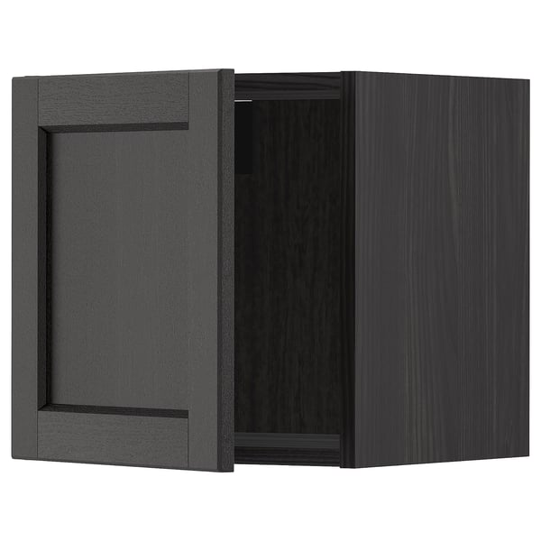 Dark grey kitchen cabinet with one door open, showcasing interior. Made of wood and modern style.