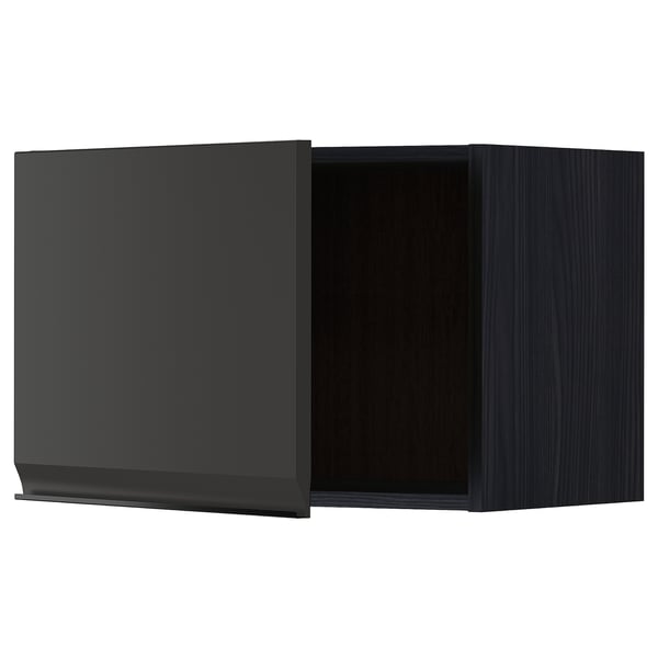 Black kitchen cabinet with modern design, flat panel door, and square shape.