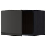 Black kitchen cabinet with modern design, flat panel door, and square shape.