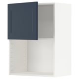 Blue cabinet door on white wall unit, square design.