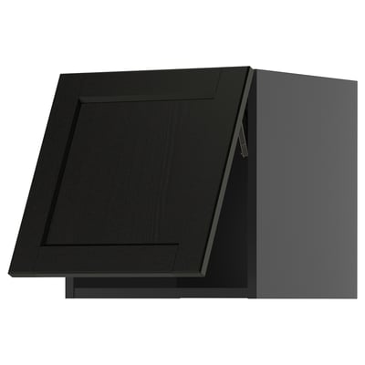 Black kitchen cabinet, modern and angular, made of wood, with sleek lines and a traditional character.