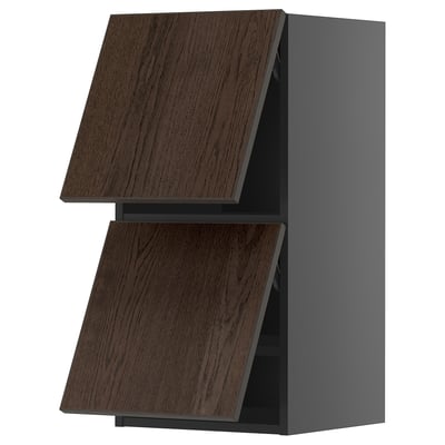 METOD kitchen cabinets: dark brown wood, gray frame, two sections.