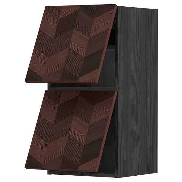 Dark wood-patterned cabinet, modern, tall, with angled doors.
