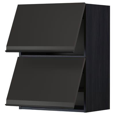 Black modern kitchen cabinet with sleek, flat doors and no handles.