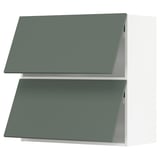 Two green-grey kitchen wall cabinets, modern, stacked vertically, sleek design with no handles.