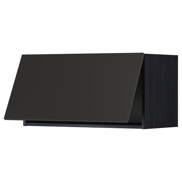 Modern black kitchen shelf, sleek design, horizontal rectangular shape.