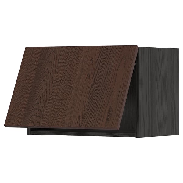 Dark brown wooden kitchen cabinet, angled design with solid wood edging.