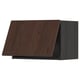 Dark brown wooden kitchen cabinet, angled design with solid wood edging.